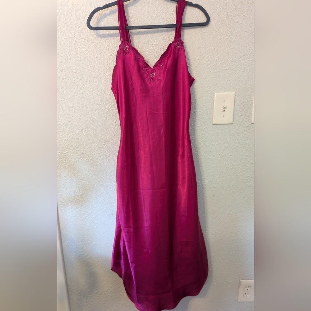 Val Mode Fuscia Embroidered Satin slip Dress